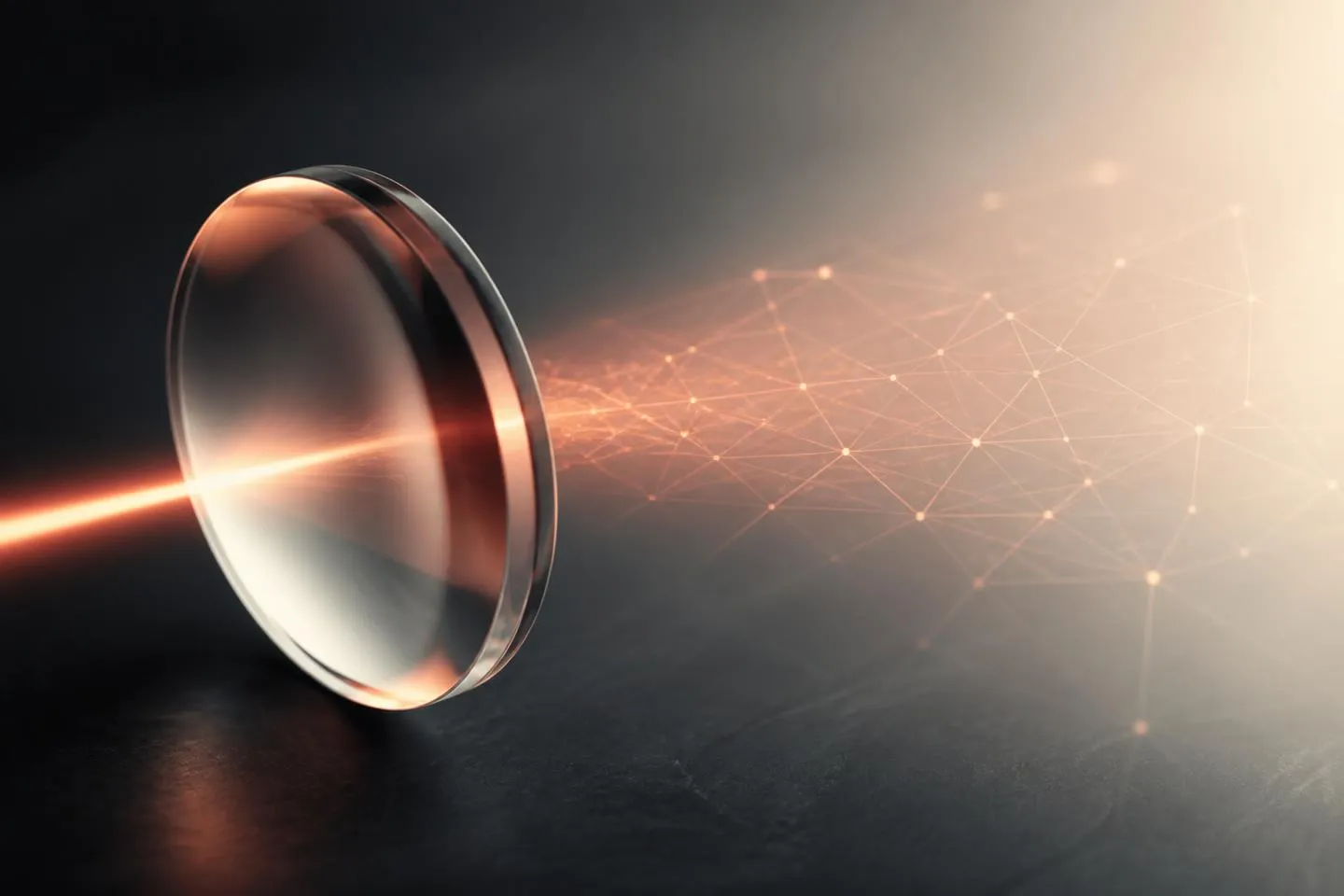 A precision lens transforms a single beam into a connected support ecosystem, symbolising AeraMed's service beyond the laser
